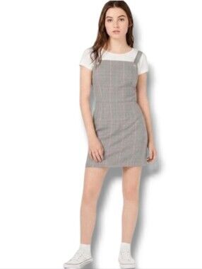 Bebop Gray Plaid Overall Dress Women’s Size L Adjustable Straps Schoolgirl Style